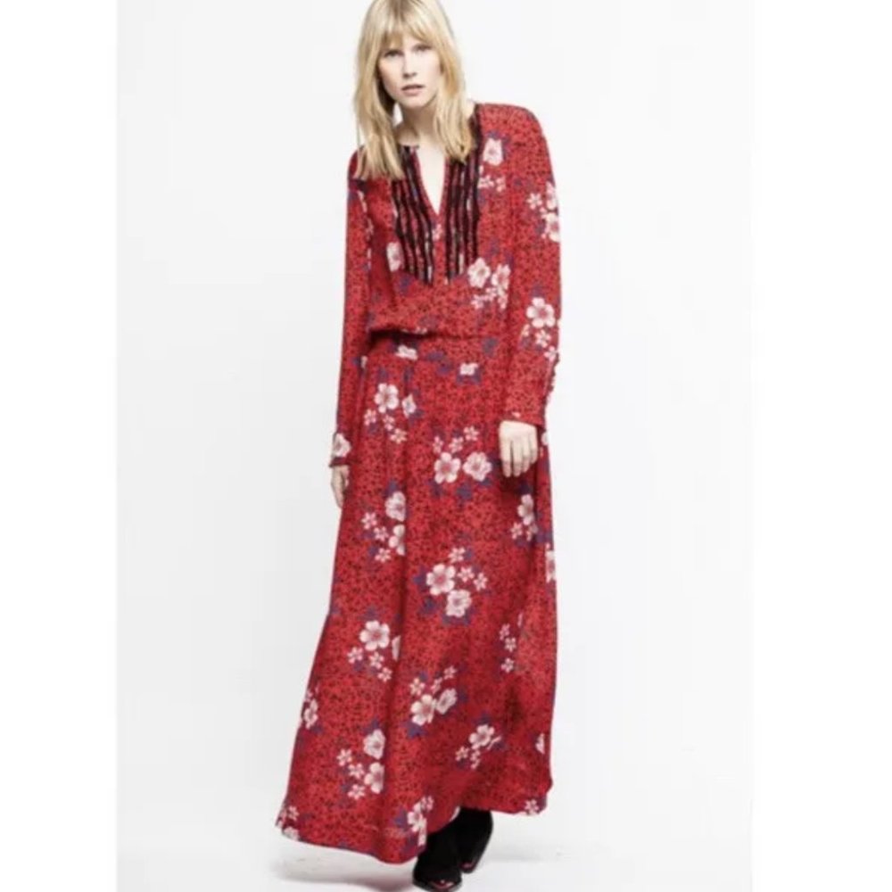 Zadig and Voltaire Remus Red Floral Silk Maxi Dress